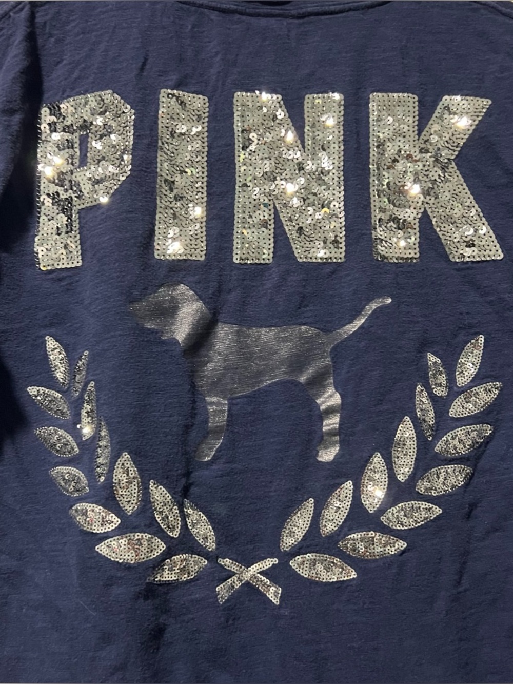 Victoria's Secret PINK Bling Sequins Navy Blue Silver T-shirt Size Small